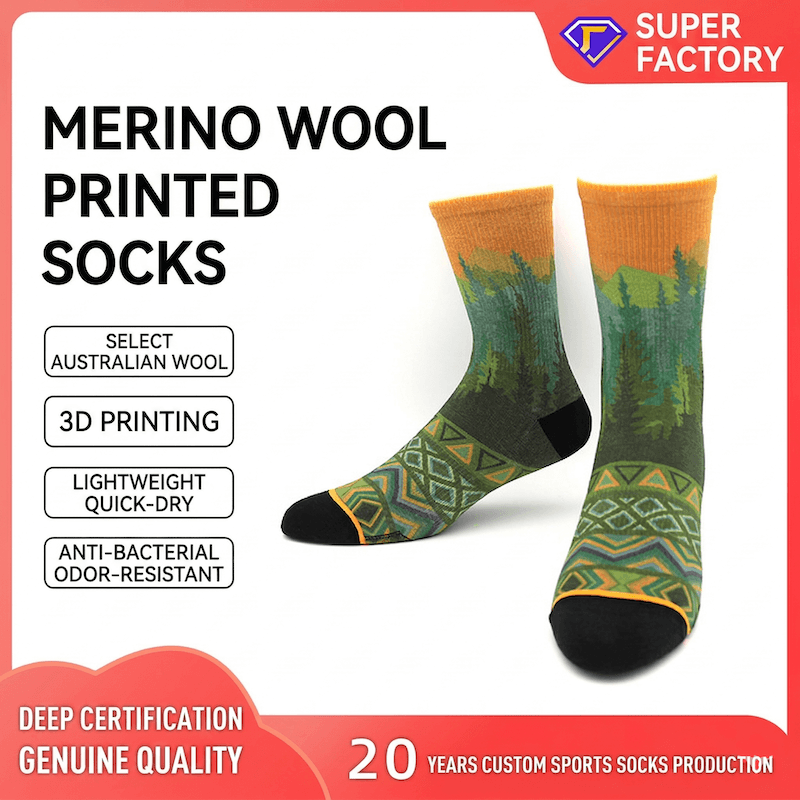 Merino wool printed socks with green and orange design on a white background, featuring text about product features and brand name.