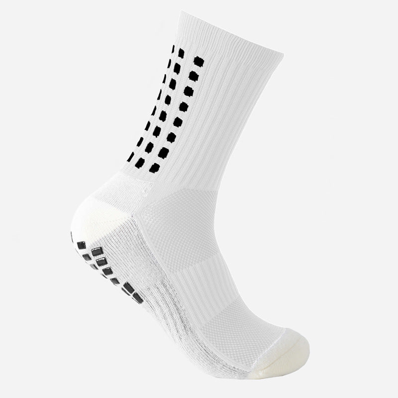 CrazShop men performance grip socks anti-slip soccer training cushioned breathable mid-calf sport white