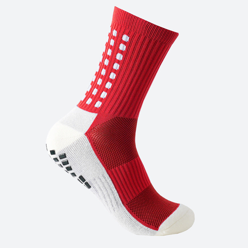 CrazShop men performance grip socks anti-slip soccer training cushioned breathable mid-calf sport red