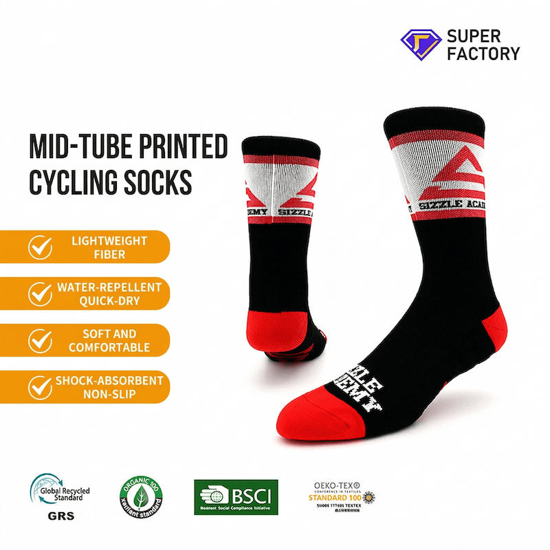 Black and red cycling socks with brand logo and feature text on a white background