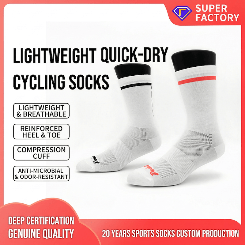 White cycling socks with black and red accents on a white background, featuring text about features and brand.