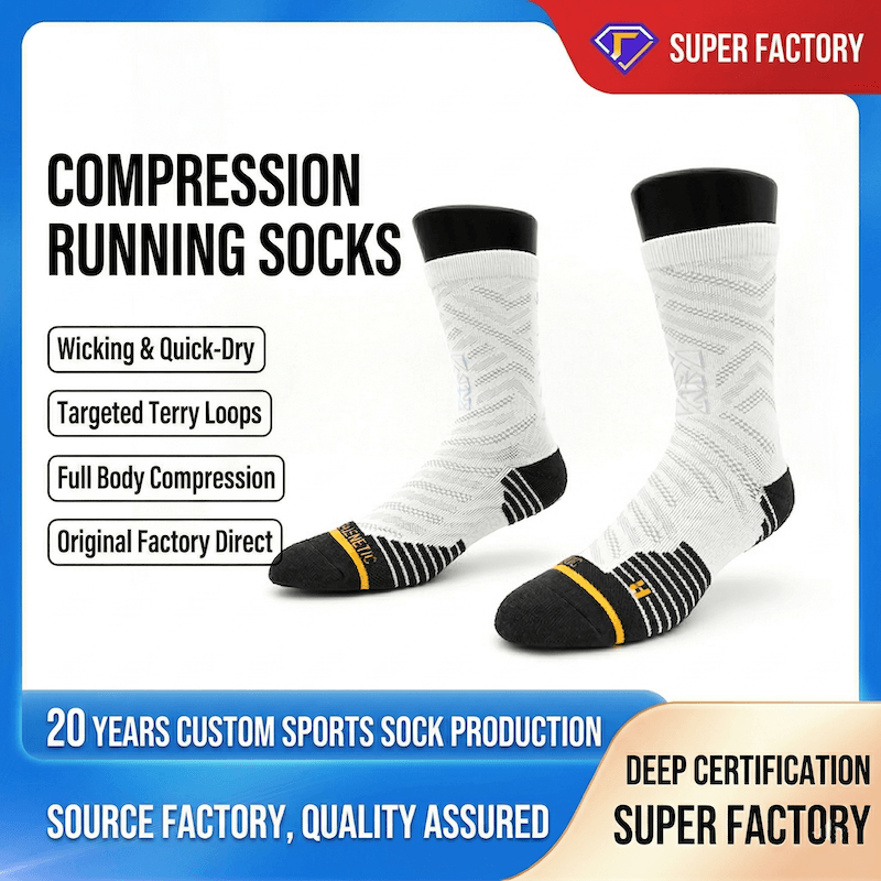 Compression running socks with features listed on a promotional graphic for Super Factory.