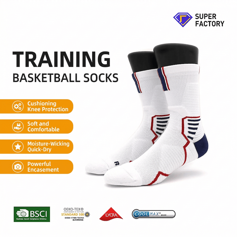 White training basketball socks with black and red accents on a white background, featuring Super Factory branding.