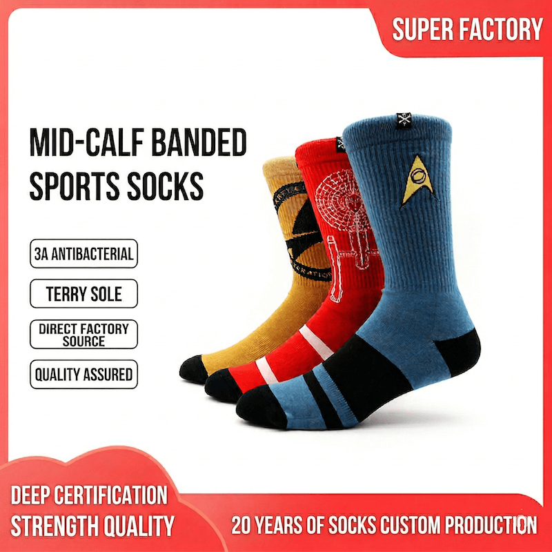 Three pairs of mid-calf banded sports socks with Star Trek logo on a white background, featuring Super Factory branding.