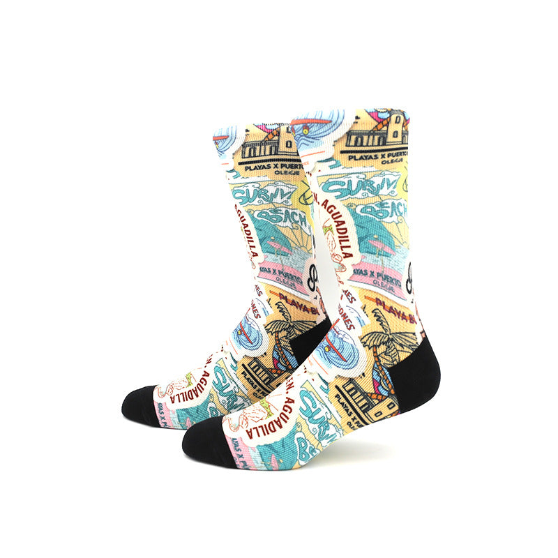 Unisex Performance Athletic Socks - Digital Printed Compression Cycling & Running Socks, Breathable Mid-Calf Sports Socks