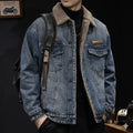 Men's American Vintage Fleece Denim Jacket  Autumn Winter Thickened Warm Cowboy Coat - Loose Fit Casual Sports Outerwear