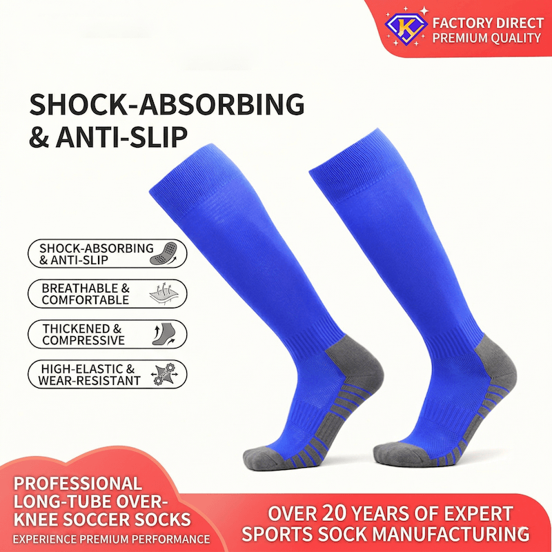 Blue knee-high socks with gray toes and heels on a white background, featuring text about sock features and brand information.