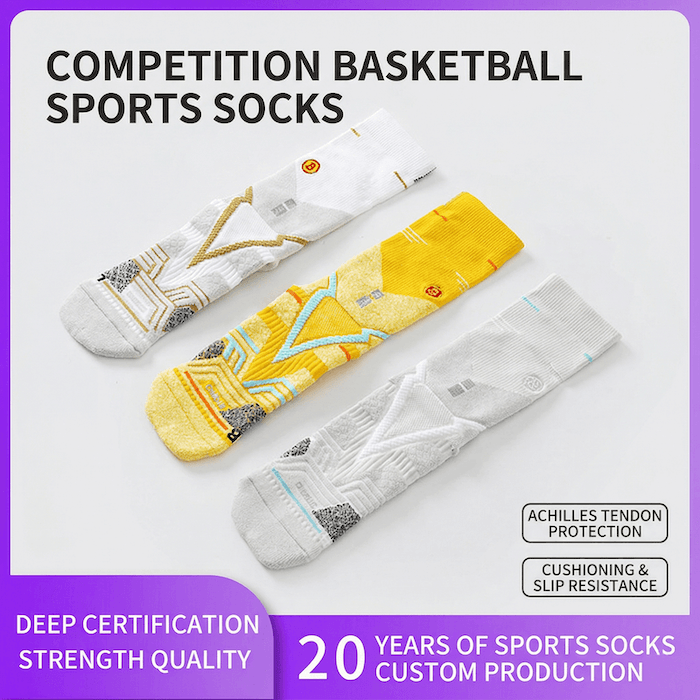Three competition basketball sports socks with a purple border and text about sock features and certifications.