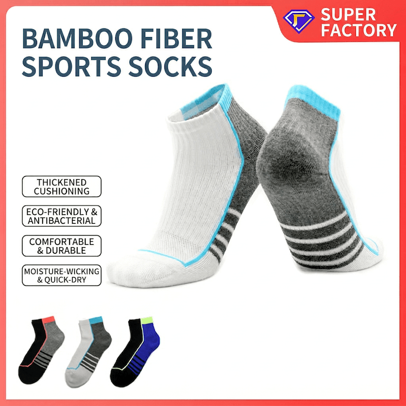 Bamboo fiber sports socks with features listed on a white background, branded as Super Factory.