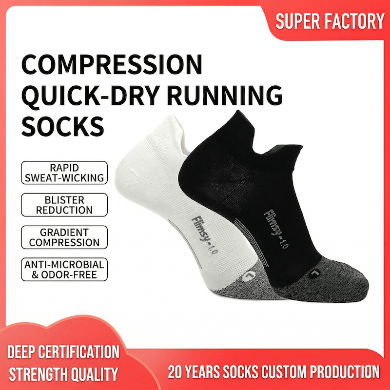 Compression quick-dry running socks with features listed on a red and white background.