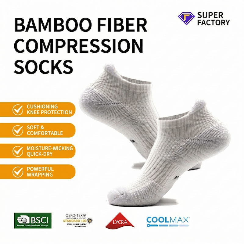 White compression socks with features listed on a white background, featuring the Super Factory brand.