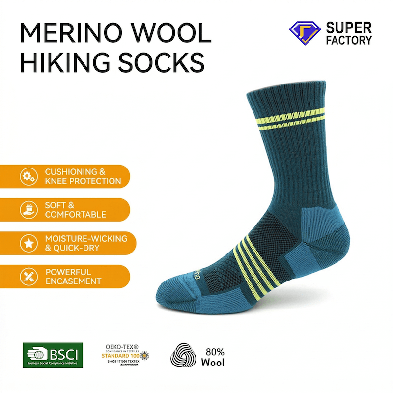 Blue merino wool hiking sock with features listed on a white background, branded as Super Factory.