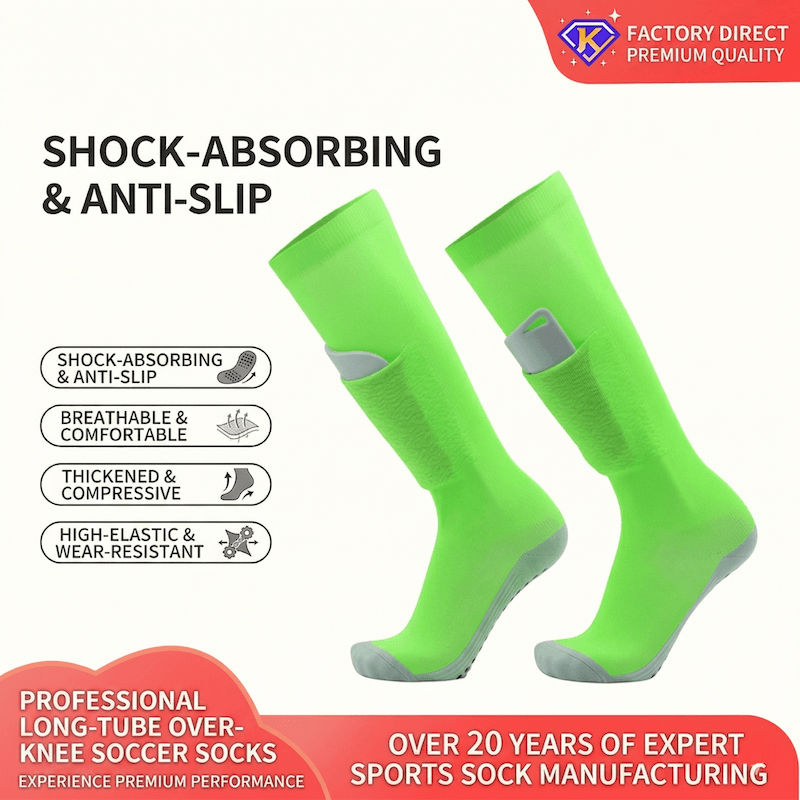 Green knee-high socks with text highlighting features on a white background