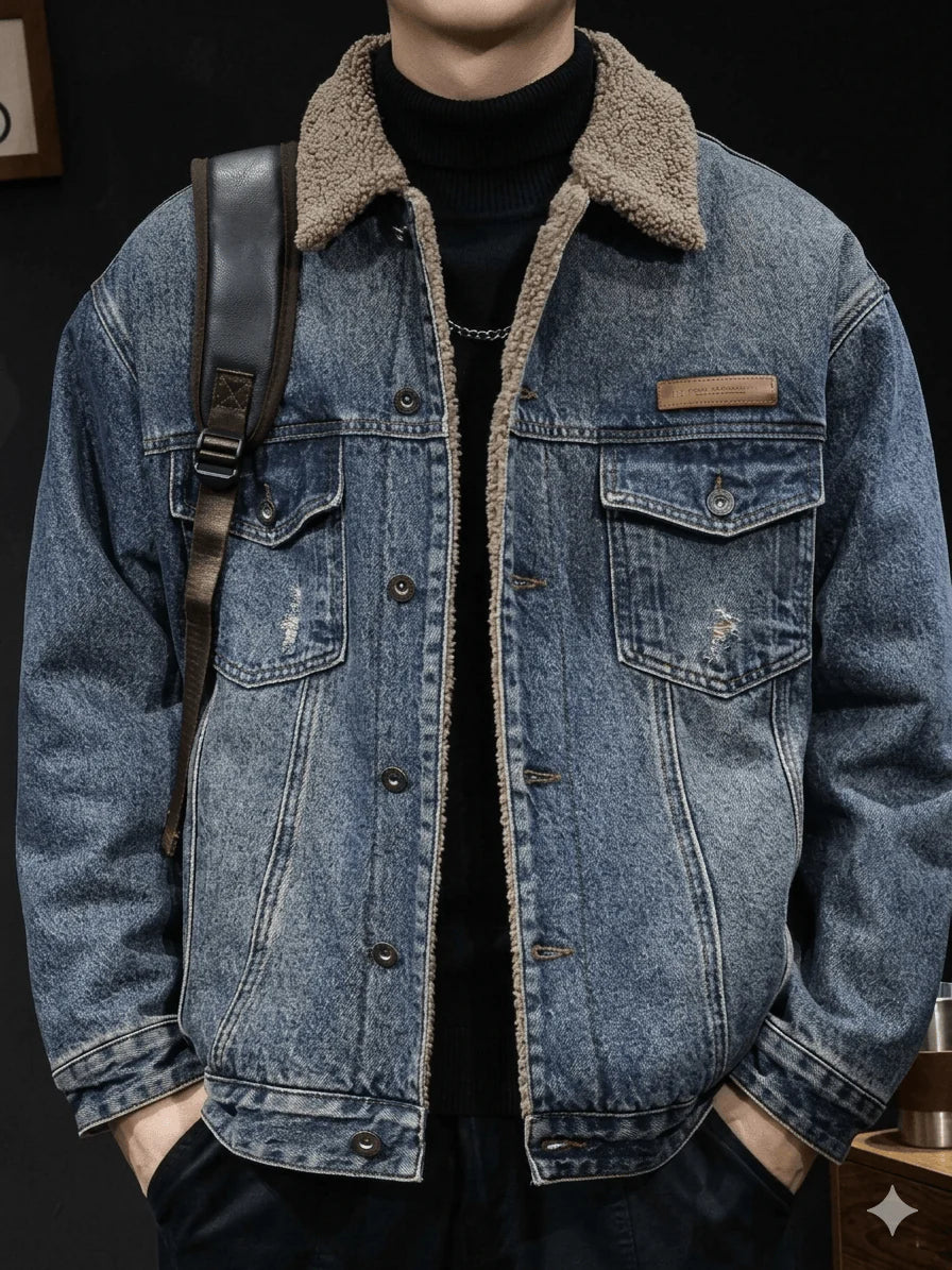 Men's American Vintage Fleece Denim Jacket  Autumn Winter Thickened Warm Cowboy Coat - Loose Fit Casual Sports Outerwear