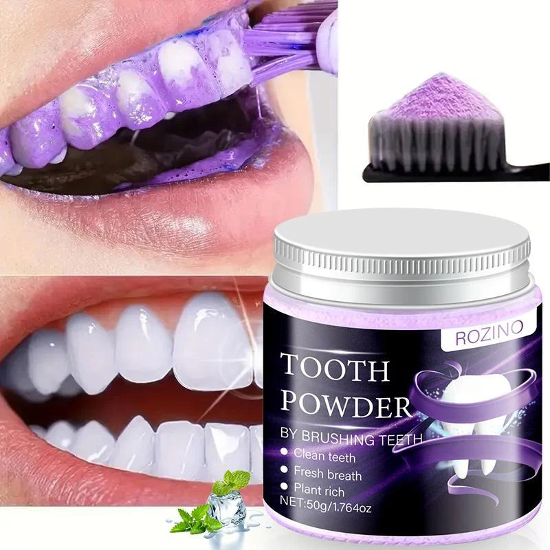 ROZINO Purple Teeth Whitening Powder with Hydroxyapatite for Stain Removal & Color Correction 50g Toothpaste Booster for Enhanced Oral Hygiene