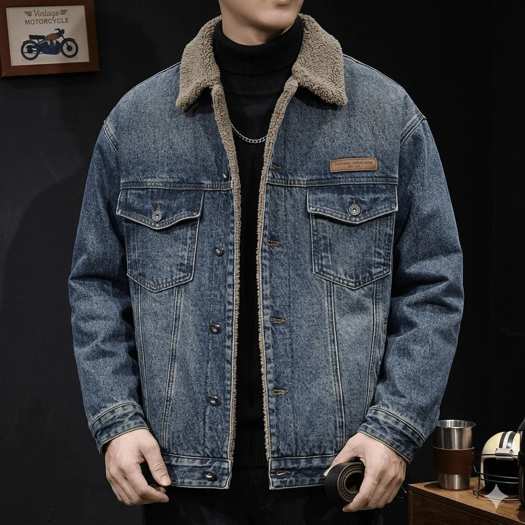 Men's American Vintage Fleece Denim Jacket  Autumn Winter Thickened Warm Cowboy Coat - Loose Fit Casual Sports Outerwear