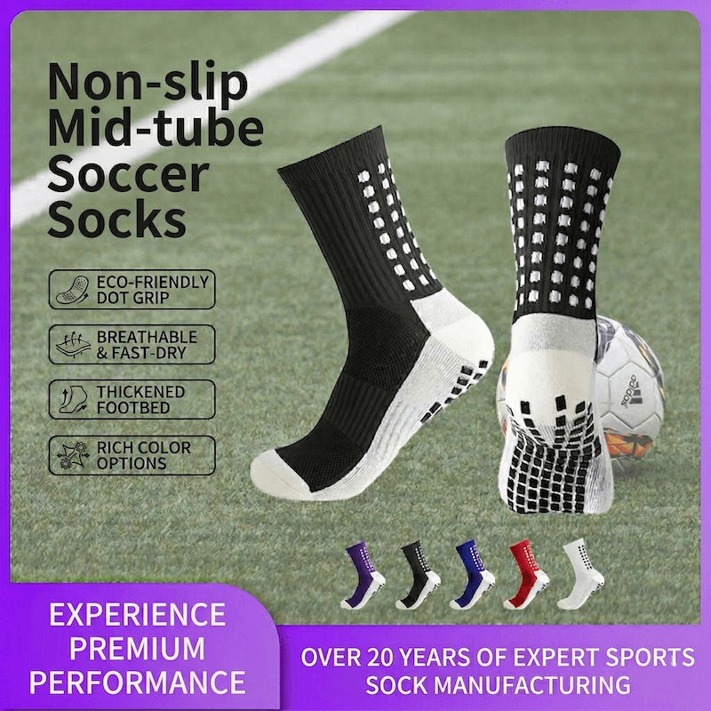 Non-slip mid-tube soccer socks with features listed on a green background with soccer ball.