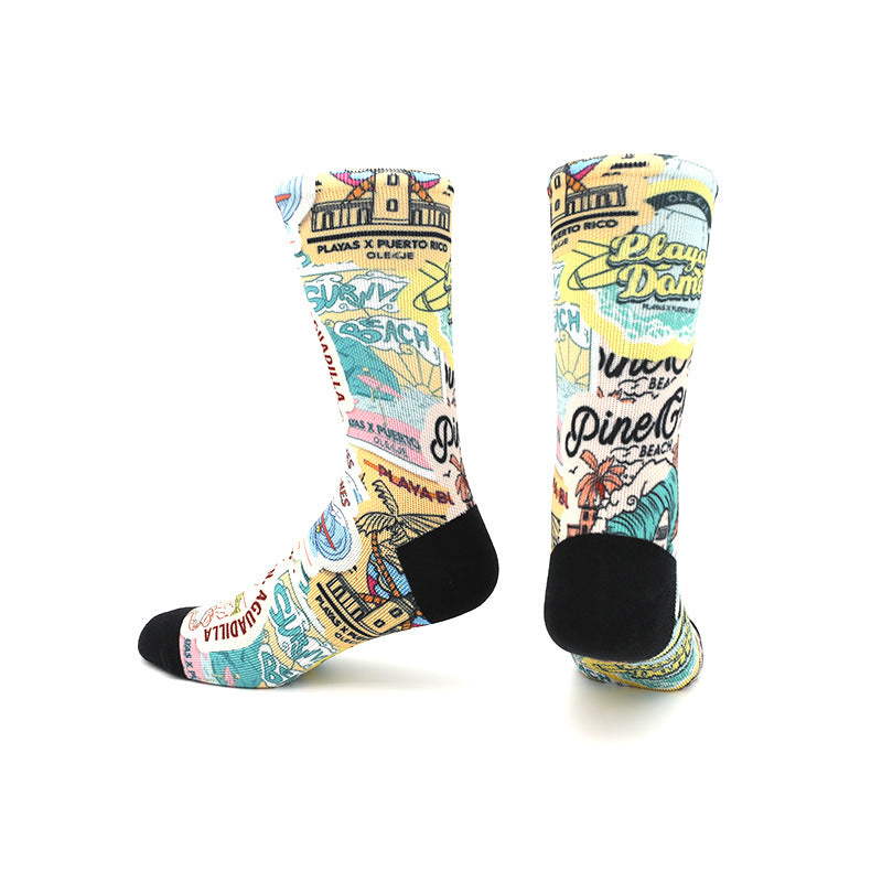 Unisex Performance Athletic Socks - Digital Printed Compression Cycling & Running Socks, Breathable Mid-Calf Sports Socks