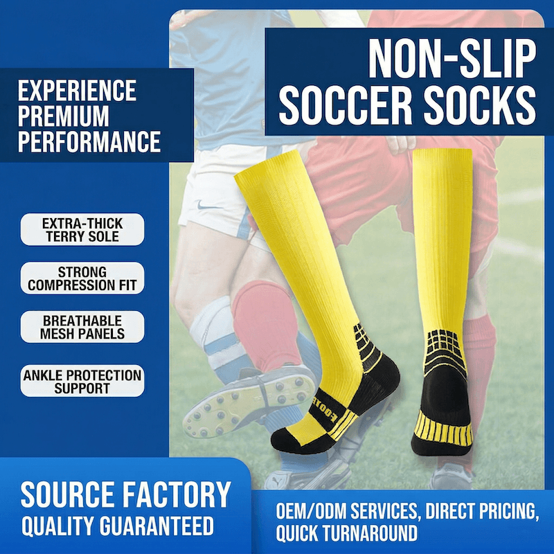 Yellow soccer socks with black accents on a soccer field, featuring text about non-slip performance and product features.