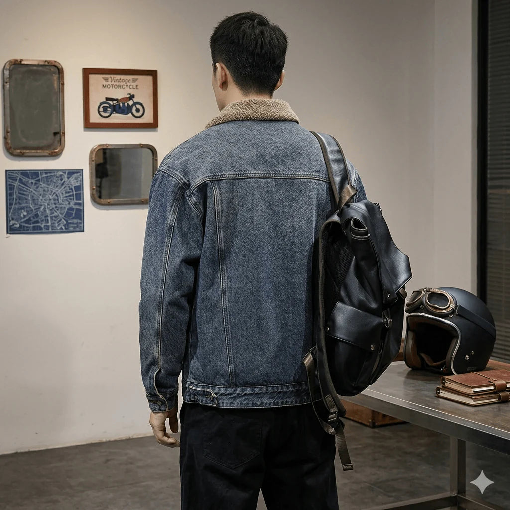 Men's American Vintage Fleece Denim Jacket  Autumn Winter Thickened Warm Cowboy Coat - Loose Fit Casual Sports Outerwear