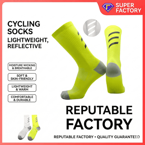 Yellow cycling socks with reflective elements on a white background, featuring text about sock features and branding.