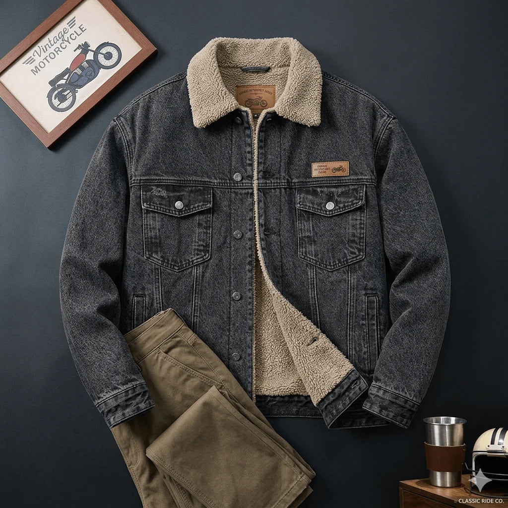 Men's American Vintage Fleece Denim Jacket  Autumn Winter Thickened Warm Cowboy Coat - Loose Fit Casual Sports Outerwear