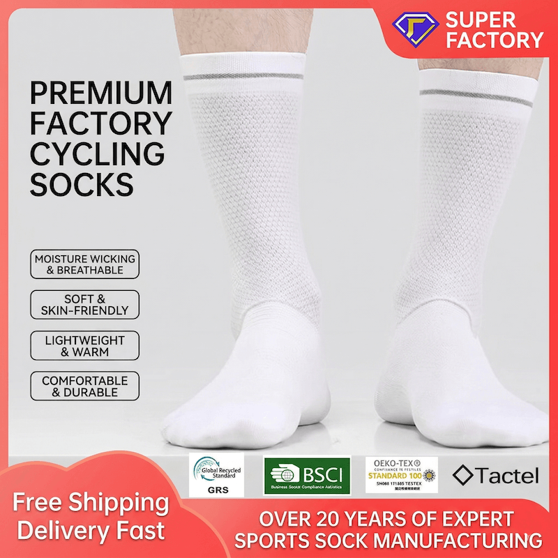 White cycling socks with text highlighting features and brand logos on a red background.