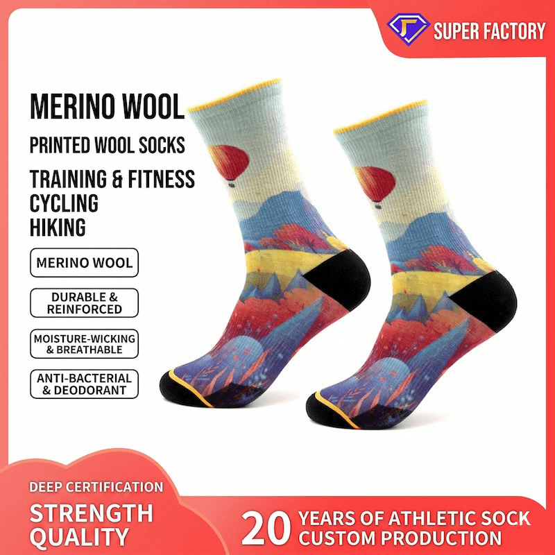 Colorful socks with mountain design on a white background, featuring text about merino wool and athletic sock production.