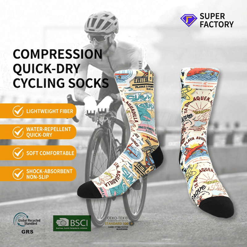 Compression quick-dry cycling socks with a cyclist in the background and Super Factory branding.
