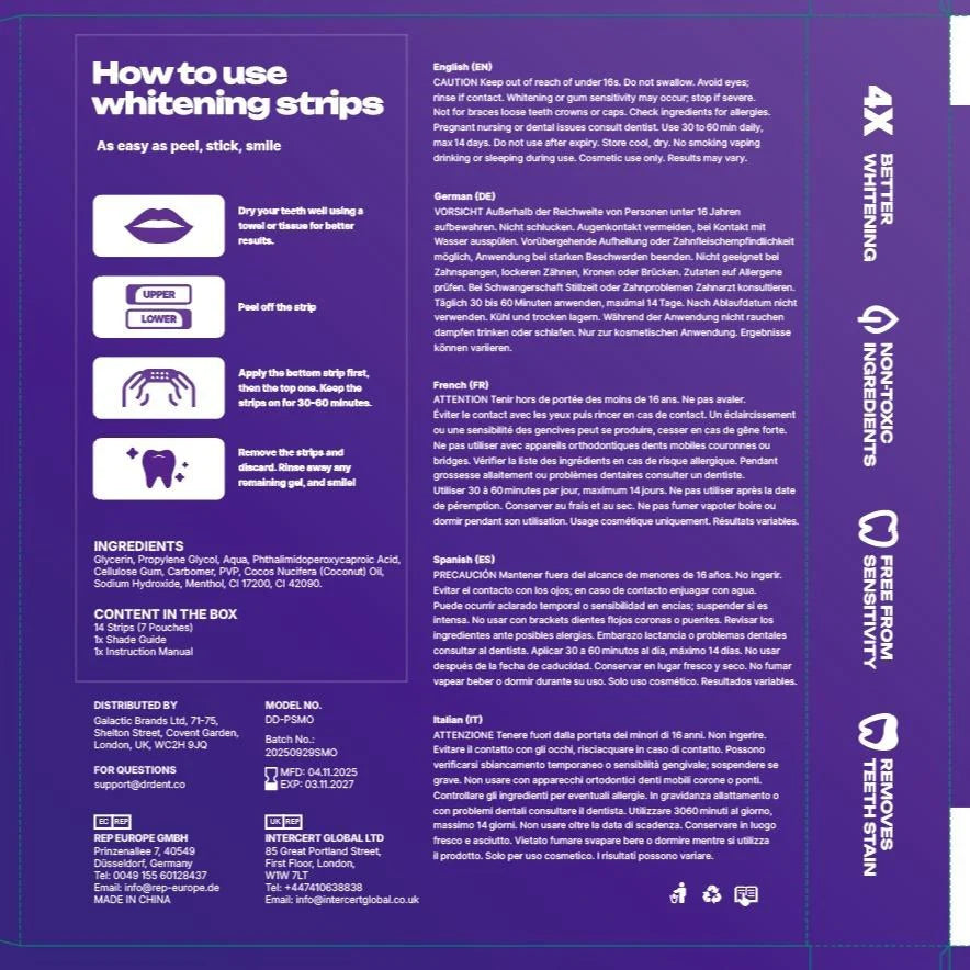 Purple Teeth Whitening Strips - 7/21 Whitening Sessions - Safe for Enamel - Non Sensitive Teeth Whitening - Peroxide-Free