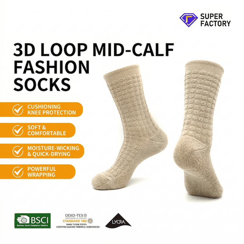 Beige 3D loop mid-calf fashion socks with product features on a white background, featuring the Super Factory brand.